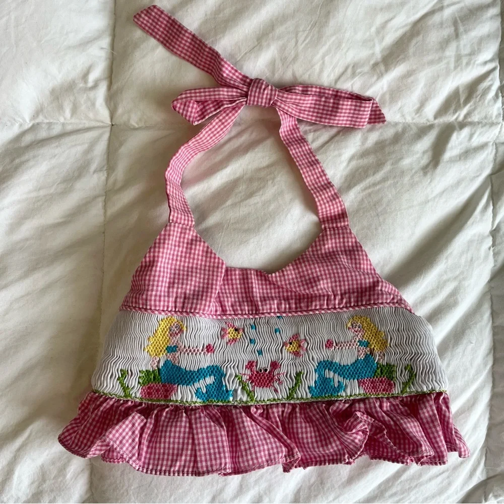 The Bailey Boys Pink Gingham Smocked Mermaid Halter Swim Top 3T